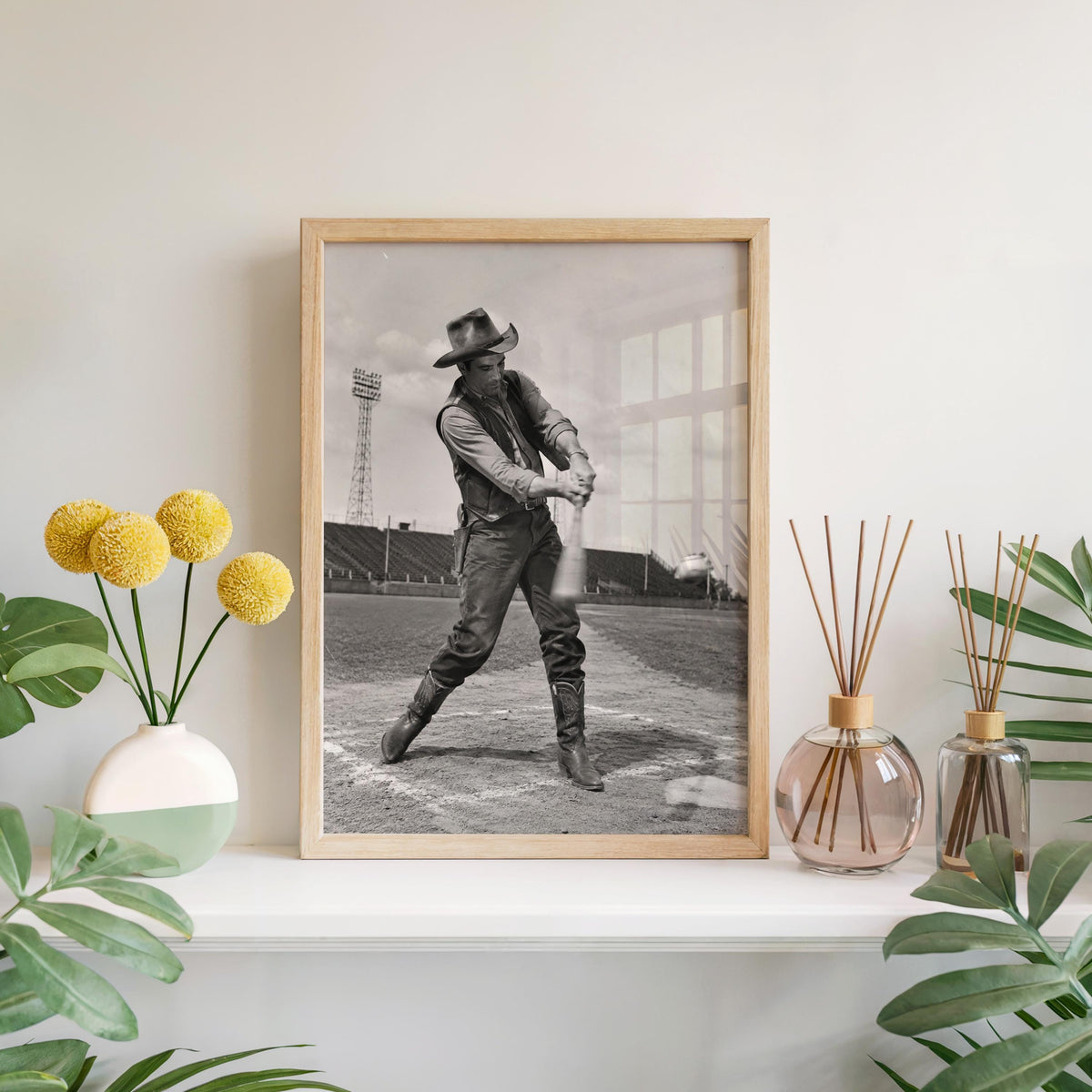 Cowboy Baseball Print, Funny Vintage Sports Photography, Western Wall Art, Whimsical Ranch Gift, Surreal Americana Poster