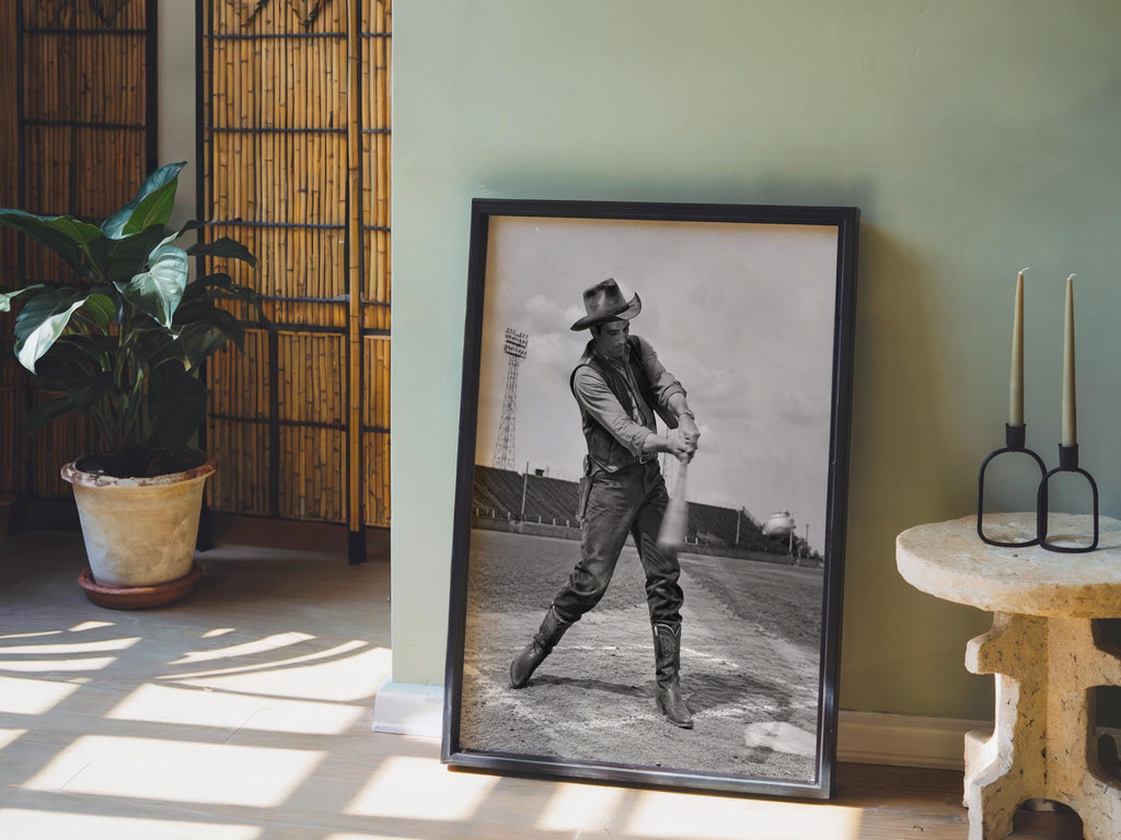 Cowboy Baseball Print, Funny Vintage Sports Photography, Western Wall Art, Whimsical Ranch Gift, Surreal Americana Poster