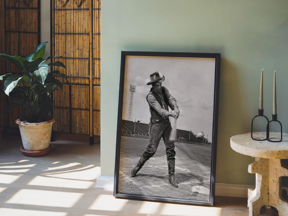 Cowboy Baseball Print, Funny Vintage Sports Photography, Western Wall Art, Whimsical Ranch Gift, Surreal Americana Poster