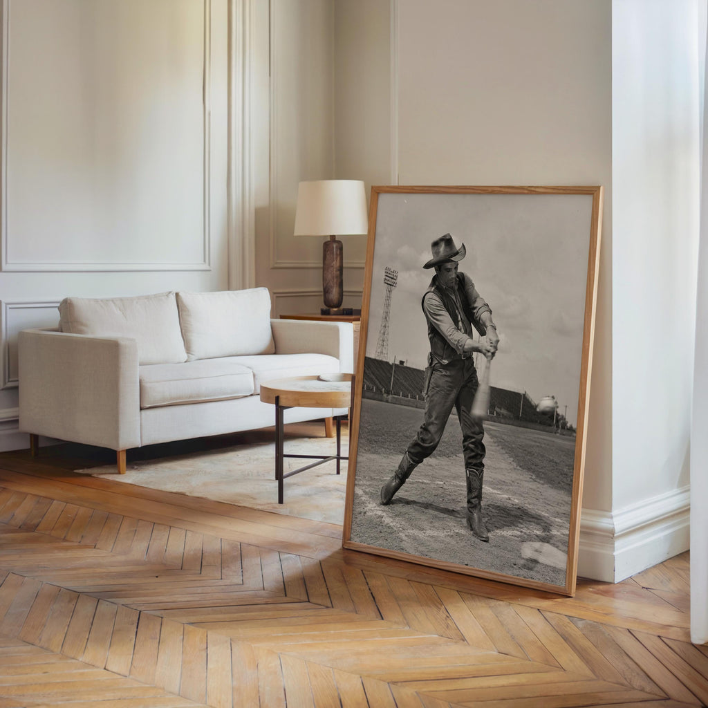 Cowboy Baseball Print, Funny Vintage Sports Photography, Western Wall Art, Whimsical Ranch Gift, Surreal Americana Poster