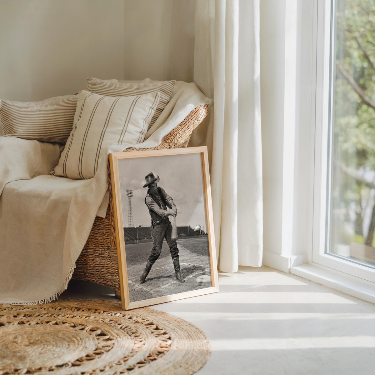 Cowboy Baseball Print, Funny Vintage Sports Photography, Western Wall Art, Whimsical Ranch Gift, Surreal Americana Poster