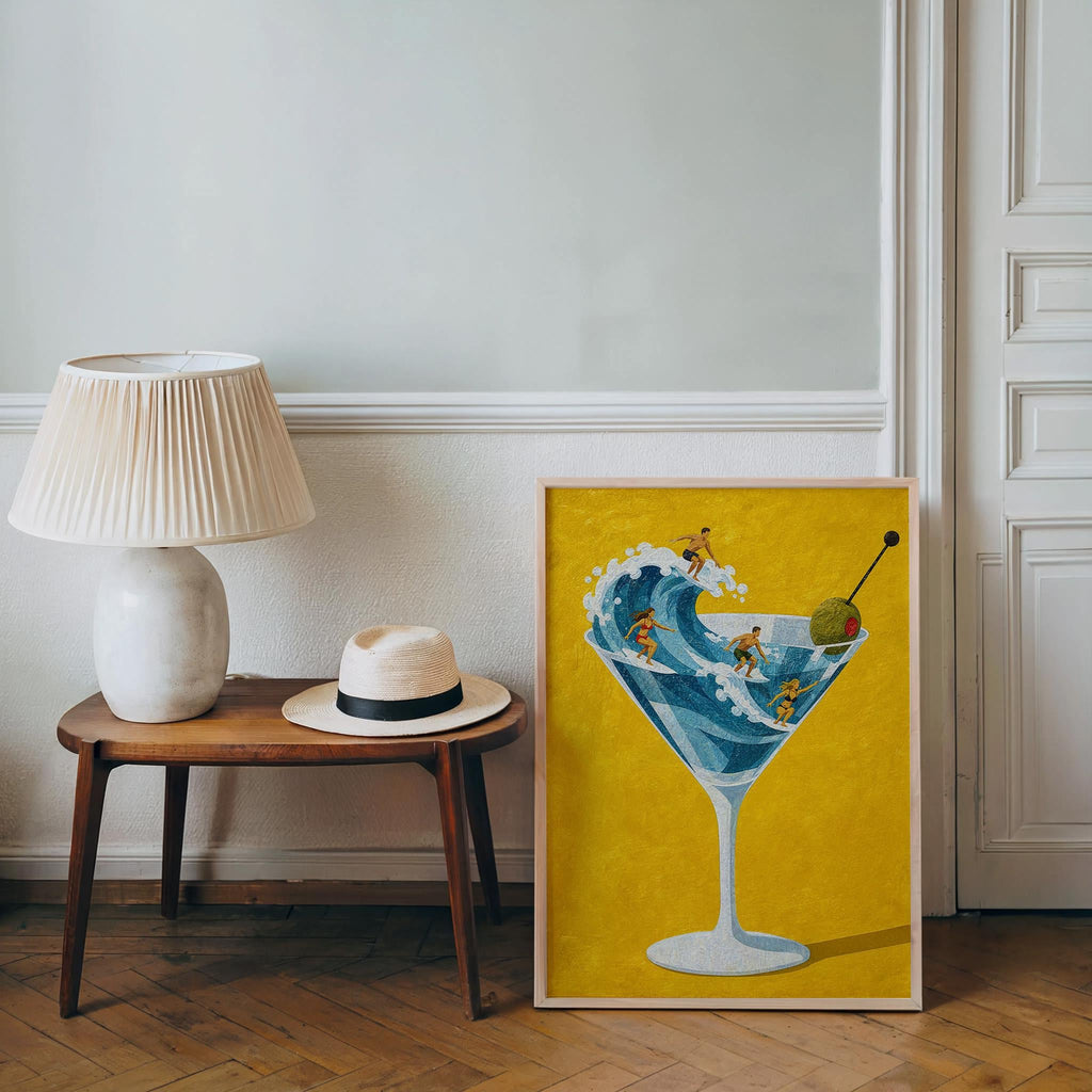 Tiny Surfers on Martini Wave Print, Miniature People in a Cocktail Glass, Coastal Bar Decor, Summer Gift for Surfers, Playful Beach Poster