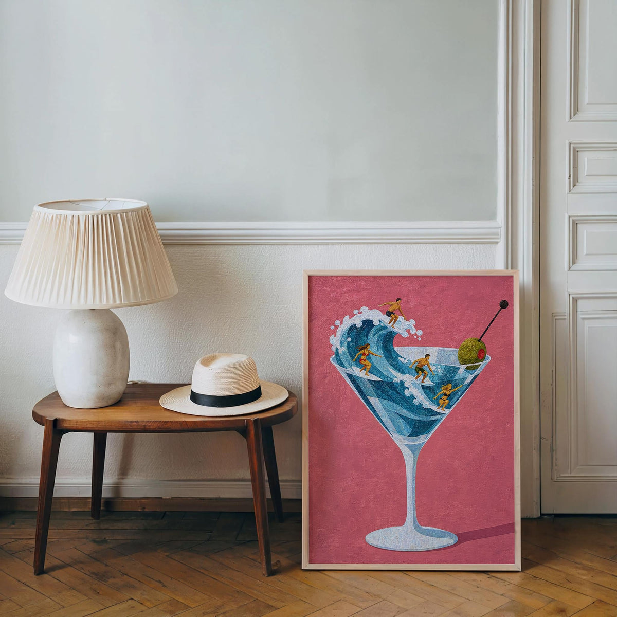 Tiny Surfers on Martini Wave Print, Miniature People in a Cocktail Glass, Coastal Bar Decor, Summer Gift for Surfers, Playful Beach Poster