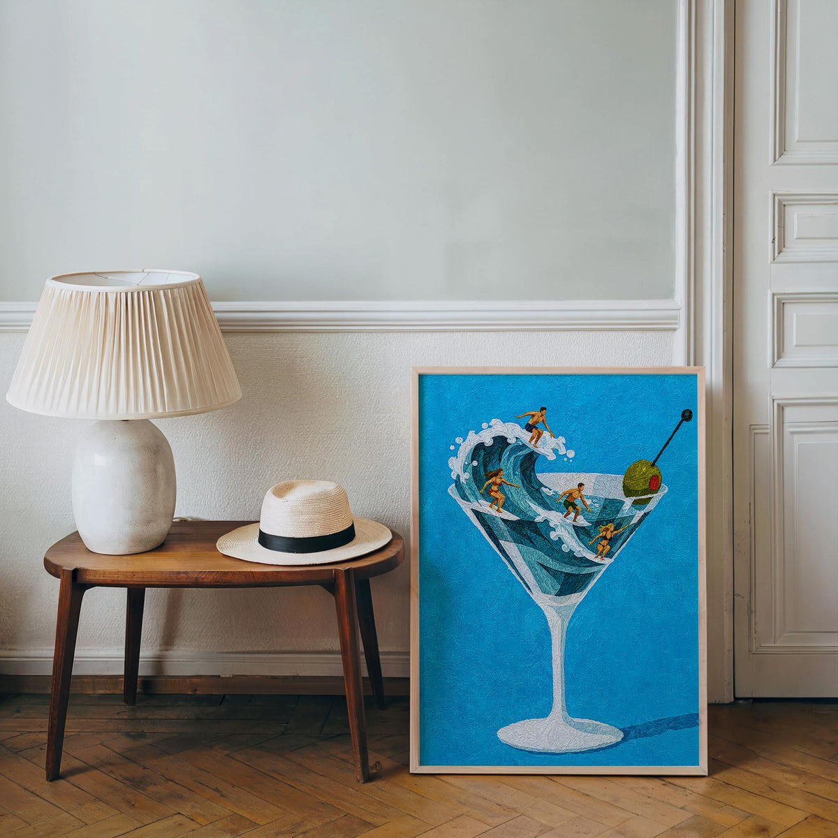 Tiny Surfers on Martini Wave Print, Miniature People in a Cocktail Glass, Coastal Bar Decor, Summer Gift for Surfers, Playful Beach Poster