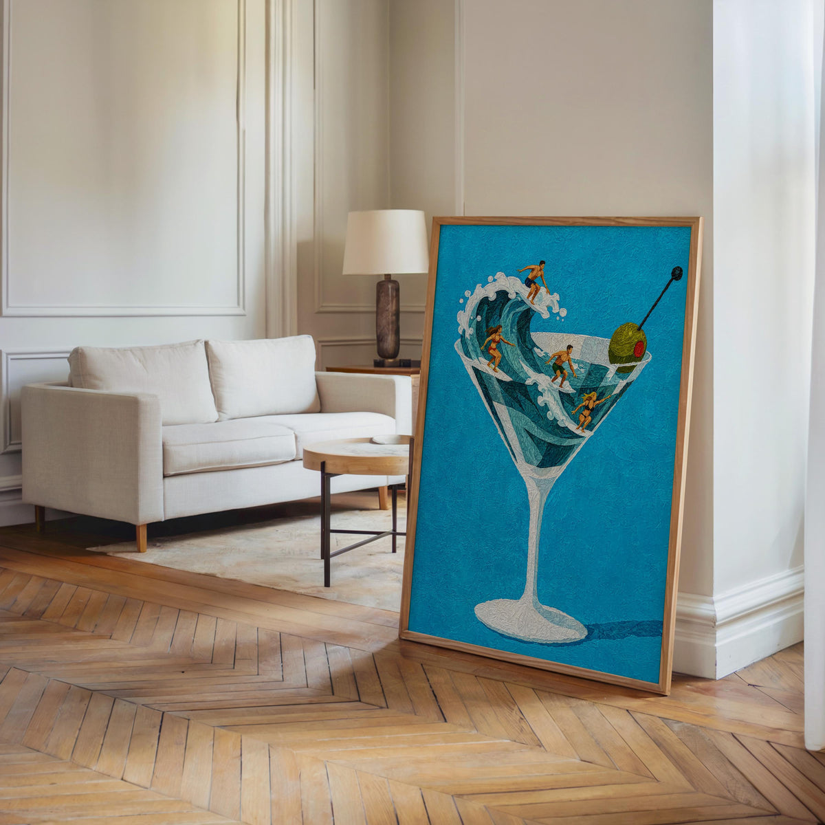 Tiny Surfers on Martini Wave Print, Miniature People in a Cocktail Glass, Coastal Bar Decor, Summer Gift for Surfers, Playful Beach Poster