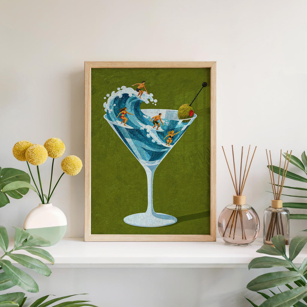 Tiny Surfers on Martini Wave Print, Miniature People in a Cocktail Glass, Coastal Bar Decor, Summer Gift for Surfers, Playful Beach Poster
