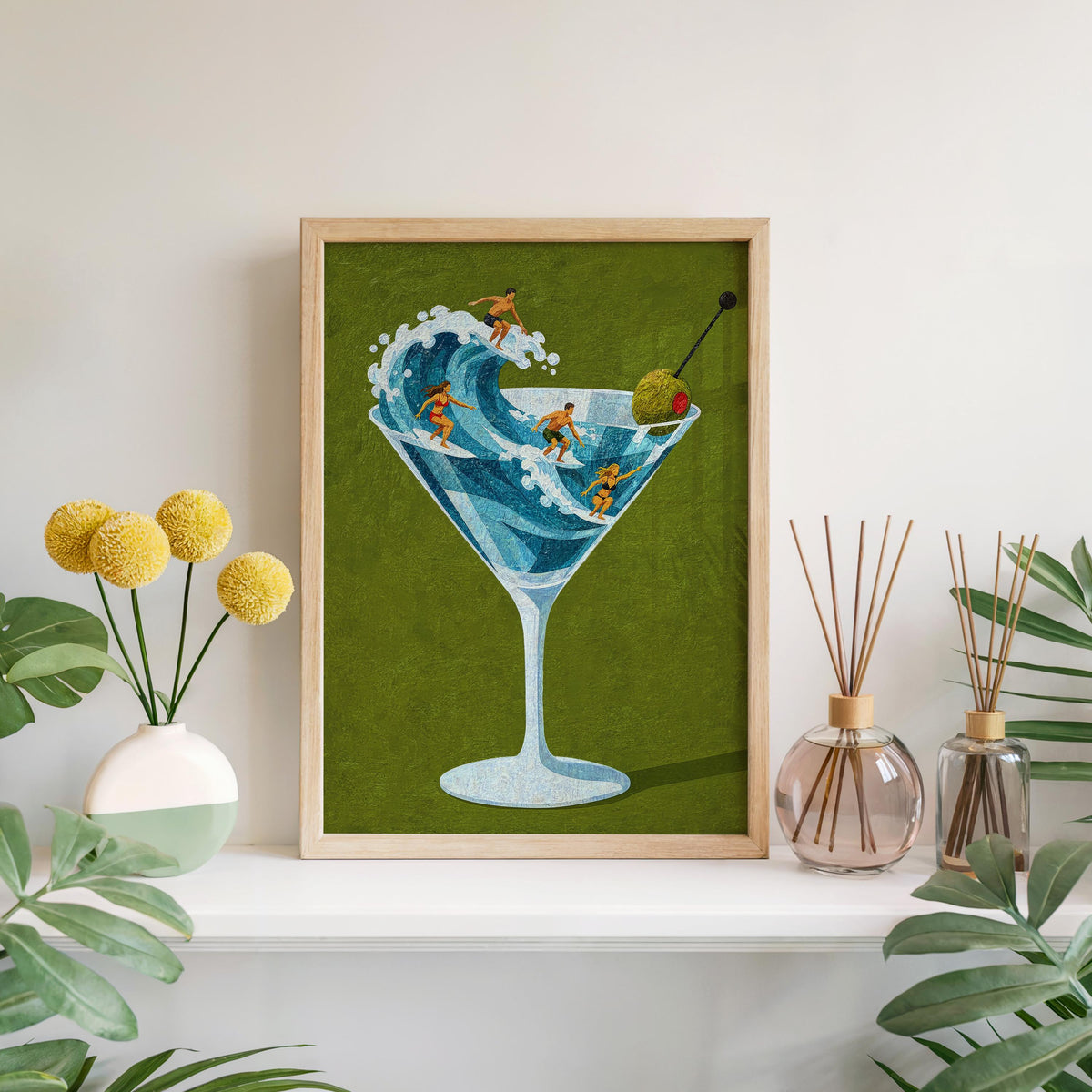 Tiny Surfers on Martini Wave Print, Miniature People in a Cocktail Glass, Coastal Bar Decor, Summer Gift for Surfers, Playful Beach Poster