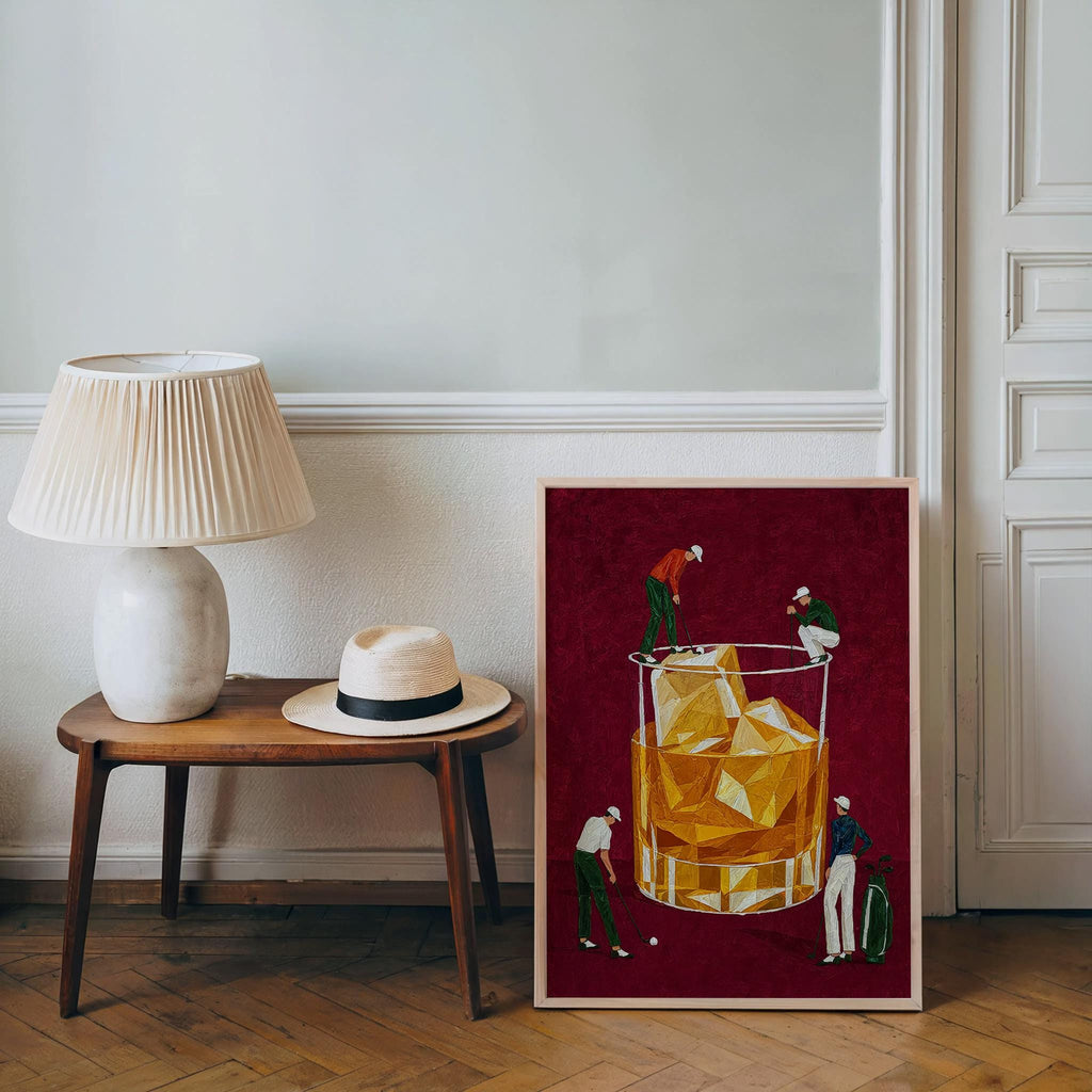 Whiskey Golf Print, Tiny Golfers on a Cocktail Glass, Country Club Bar Decor, Funny Bourbon Golfer Gift, Retro Drinking Poster