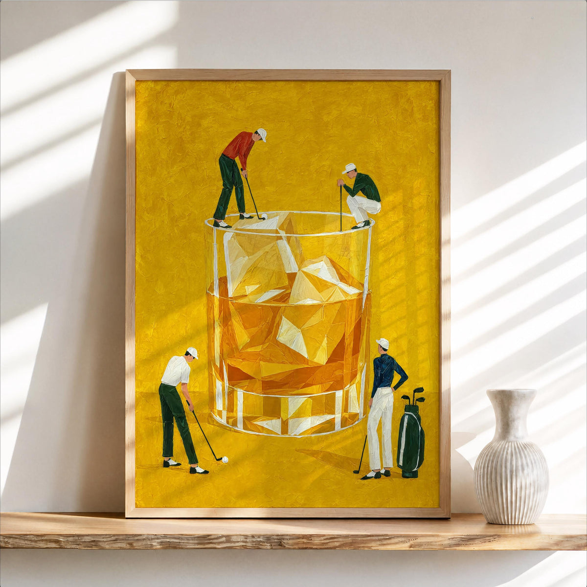 Whiskey Golf Print, Tiny Golfers on a Cocktail Glass, Country Club Bar Decor, Funny Bourbon Golfer Gift, Retro Drinking Poster