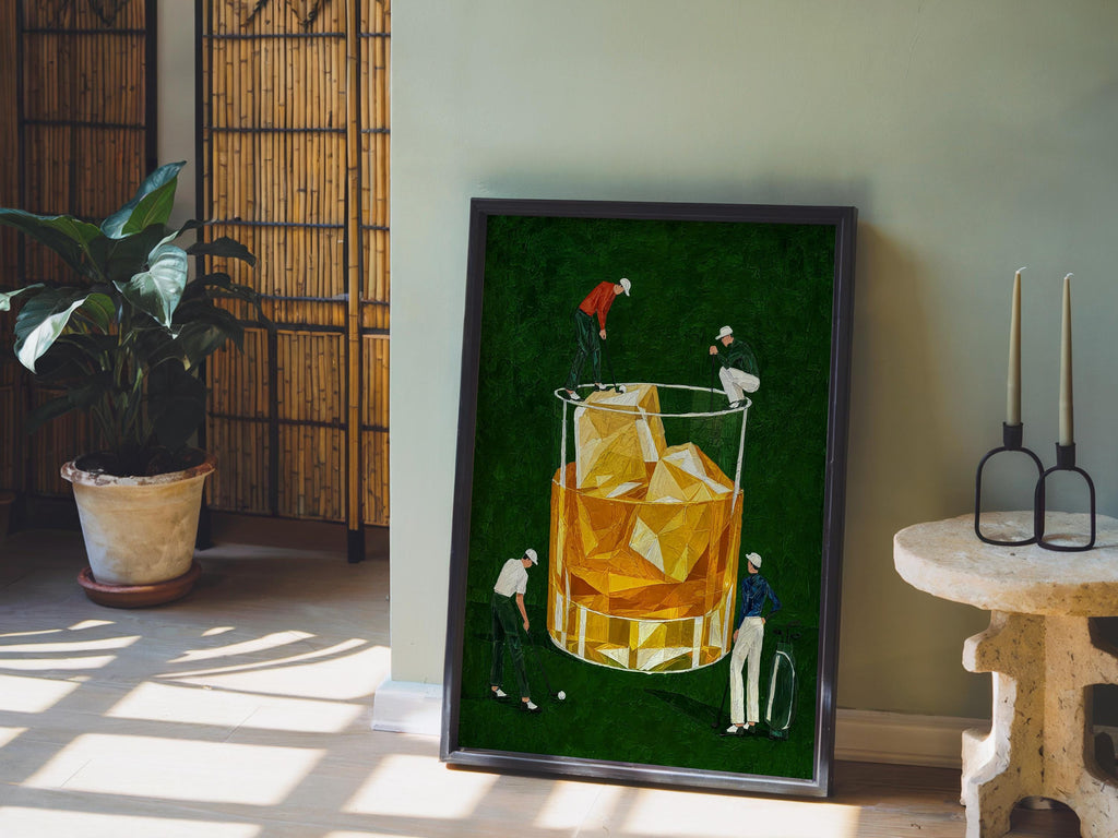 Whiskey Golf Print, Tiny Golfers on a Cocktail Glass, Country Club Bar Decor, Funny Bourbon Golfer Gift, Retro Drinking Poster