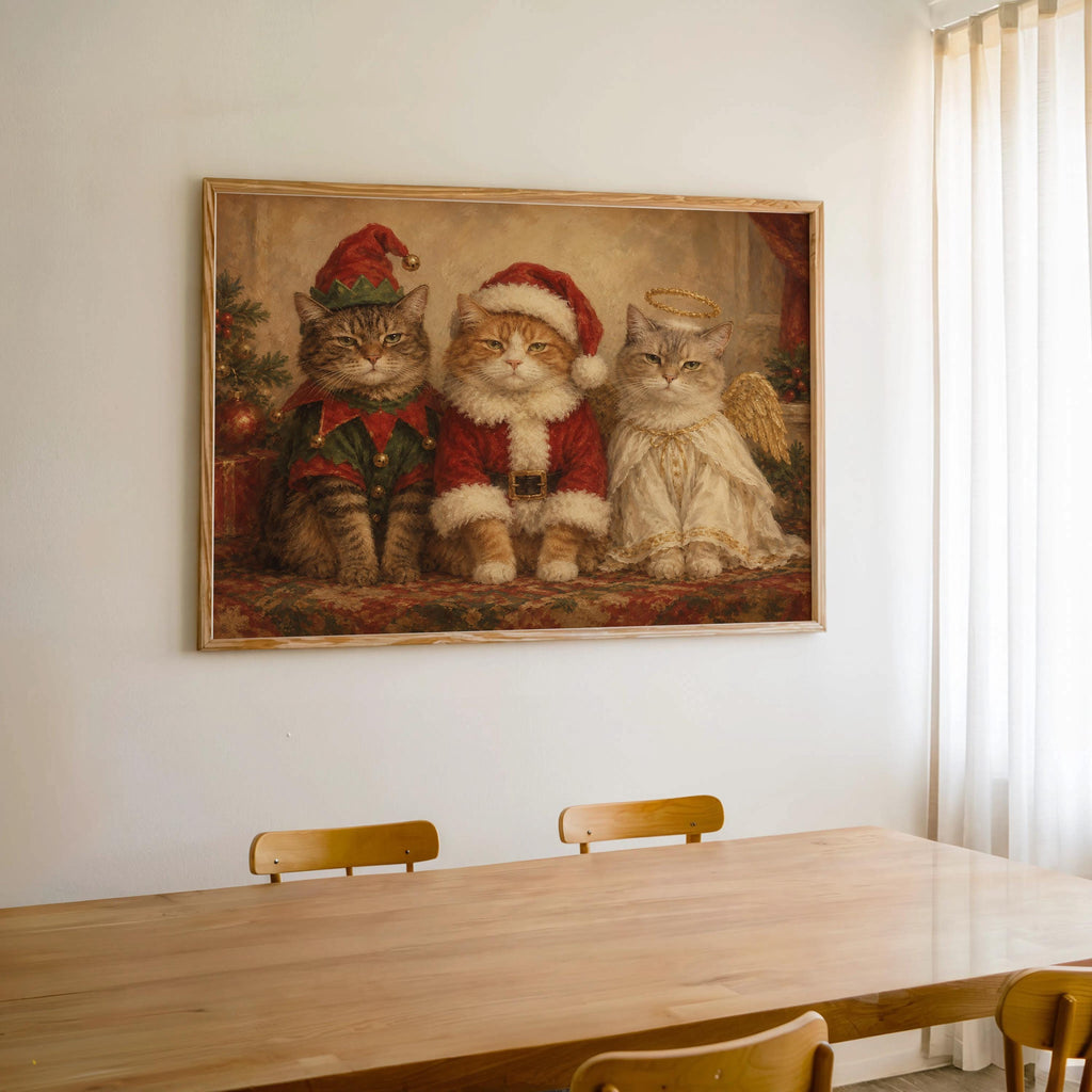 Funny Christmas Cats Oil Painting, Elf Santa Angel Pet Costume Portrait, Cozy Holiday Cat Wall Art, Cute Xmas Animals Print