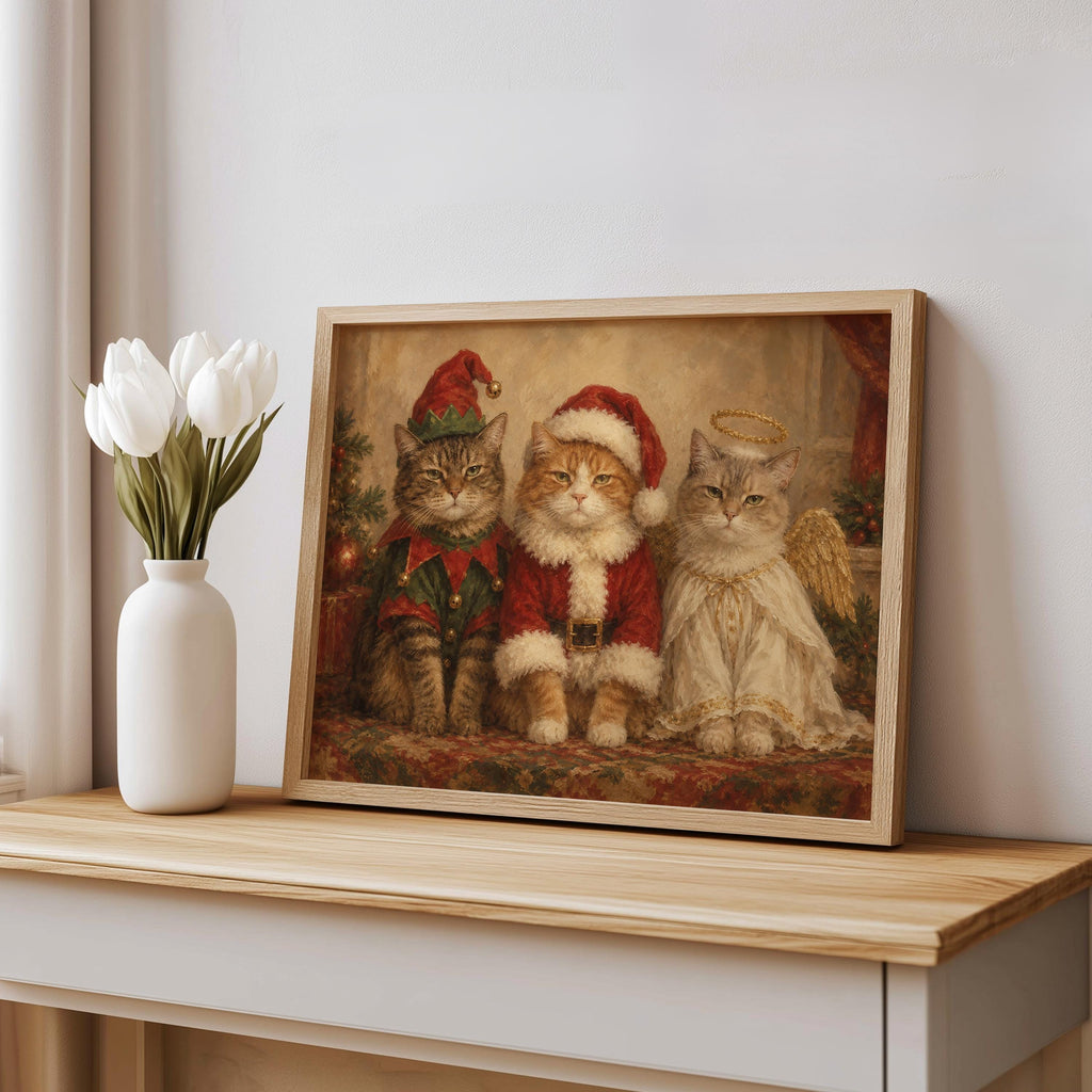 Funny Christmas Cats Oil Painting, Elf Santa Angel Pet Costume Portrait, Cozy Holiday Cat Wall Art, Cute Xmas Animals Print