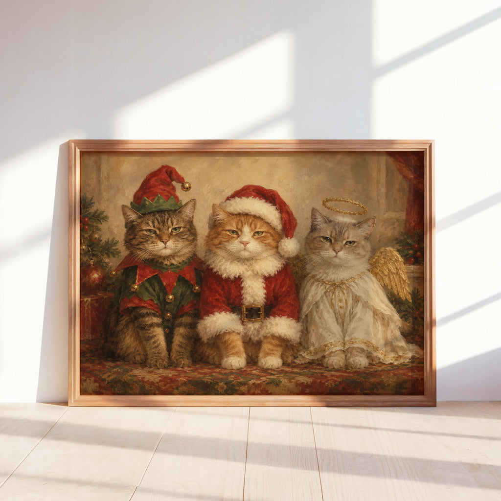 Funny Christmas Cats Oil Painting, Elf Santa Angel Pet Costume Portrait, Cozy Holiday Cat Wall Art, Cute Xmas Animals Print