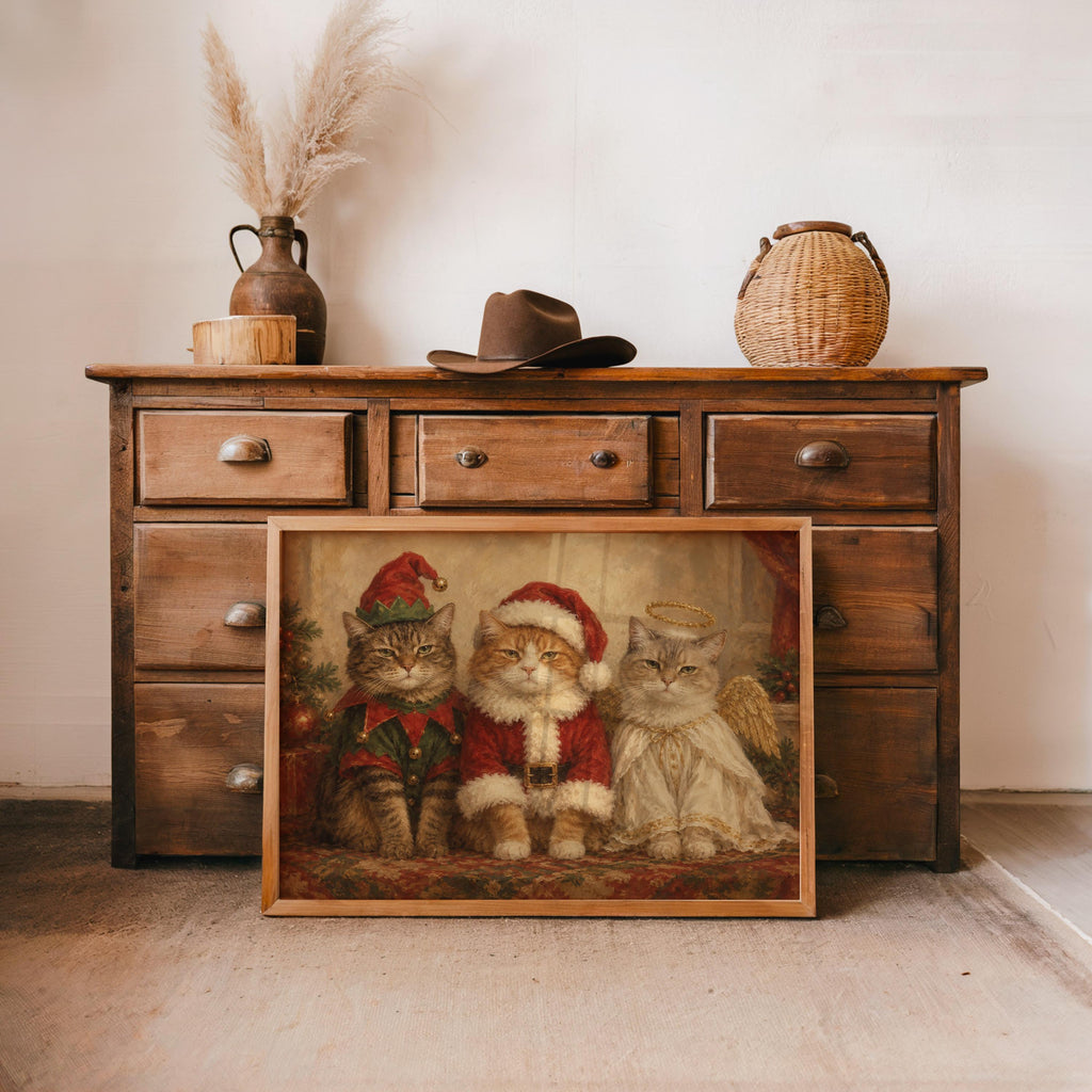 Funny Christmas Cats Oil Painting, Elf Santa Angel Pet Costume Portrait, Cozy Holiday Cat Wall Art, Cute Xmas Animals Print
