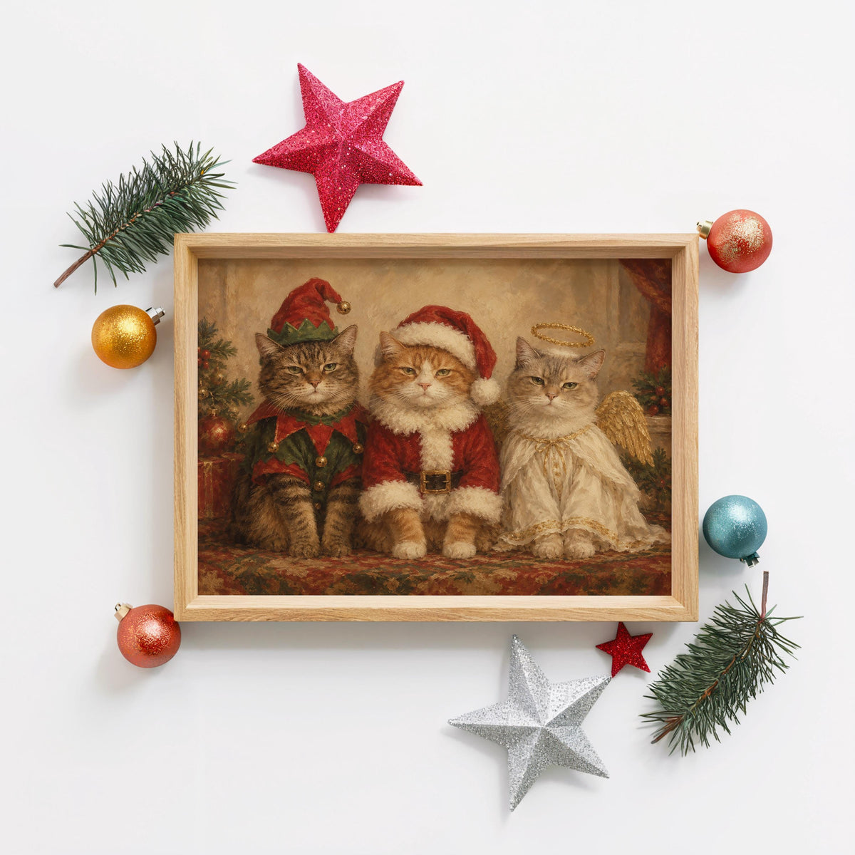 Funny Christmas Cats Oil Painting, Elf Santa Angel Pet Costume Portrait, Cozy Holiday Cat Wall Art, Cute Xmas Animals Print
