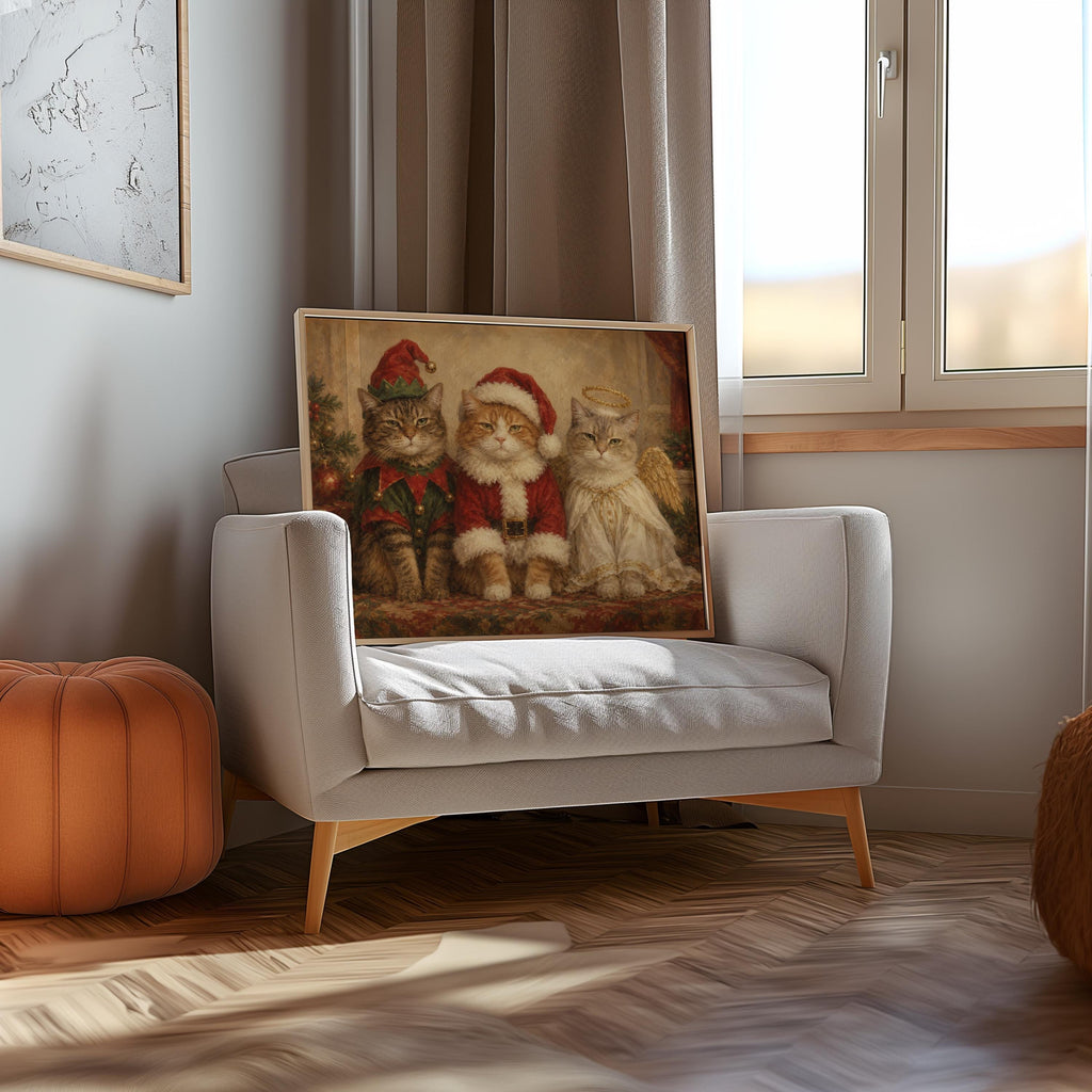 Funny Christmas Cats Oil Painting, Elf Santa Angel Pet Costume Portrait, Cozy Holiday Cat Wall Art, Cute Xmas Animals Print