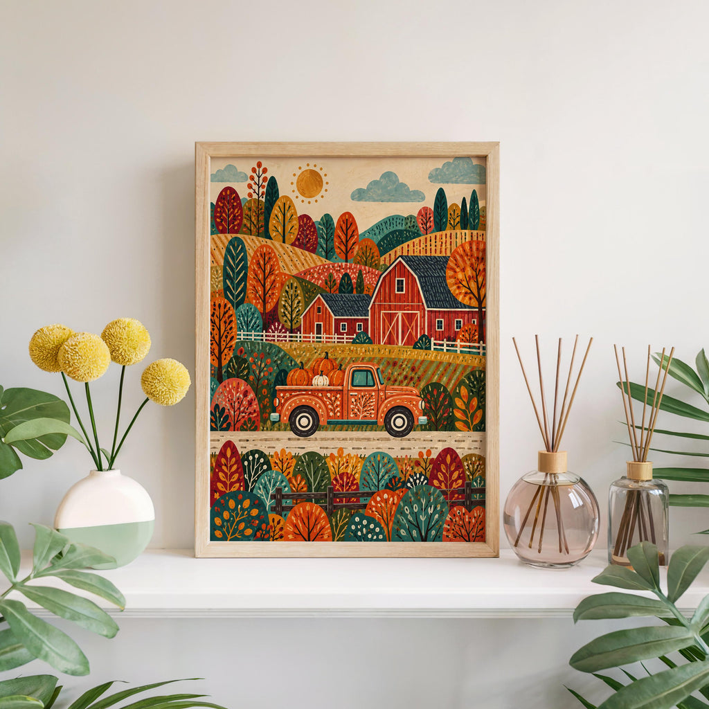 Autumn Barn Pickup Truck Print, Fall Farmhouse Wall Decor, Red Truck Poster, Rustic Countryside Landscape, Harvest Home Accent