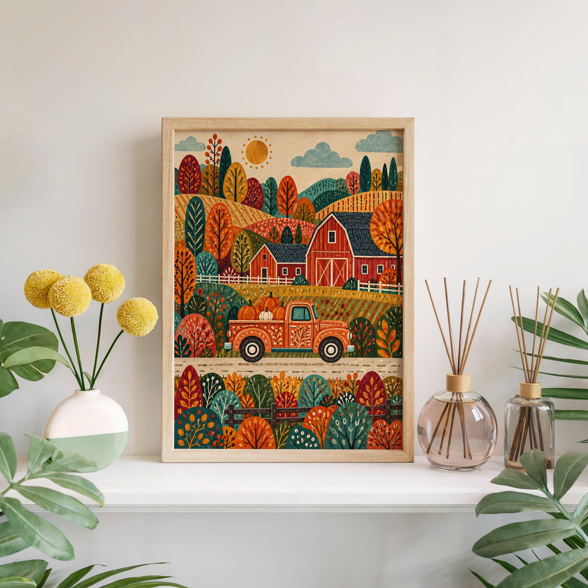 Autumn Barn Pickup Truck Print, Fall Farmhouse Wall Decor, Red Truck Poster, Rustic Countryside Landscape, Harvest Home Accent