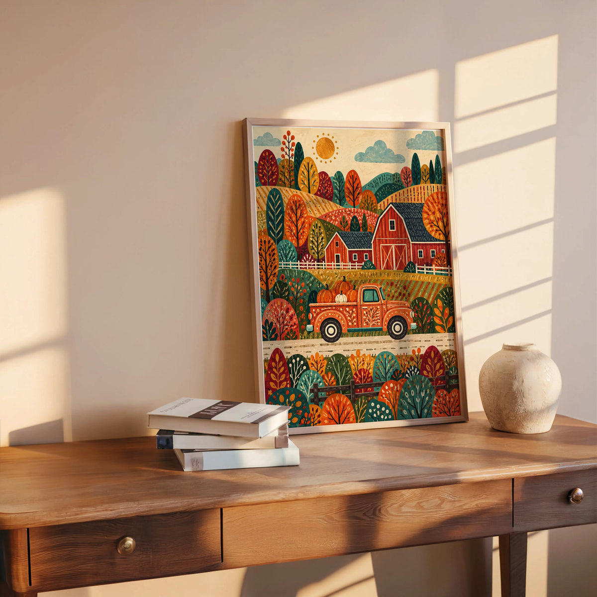 Autumn Barn Pickup Truck Print, Fall Farmhouse Wall Decor, Red Truck Poster, Rustic Countryside Landscape, Harvest Home Accent