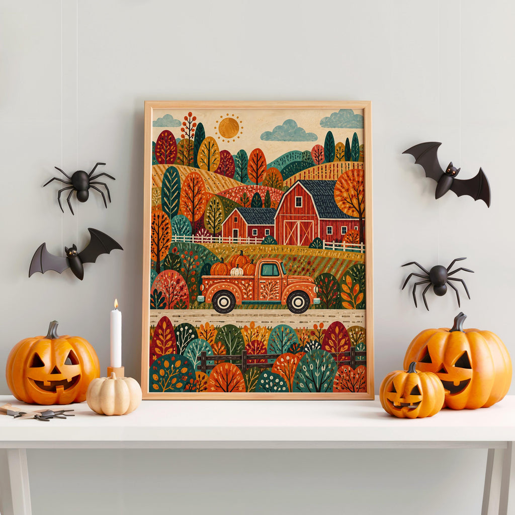Autumn Barn Pickup Truck Print, Fall Farmhouse Wall Decor, Red Truck Poster, Rustic Countryside Landscape, Harvest Home Accent
