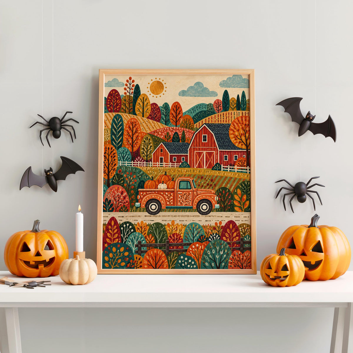 Autumn Barn Pickup Truck Print, Fall Farmhouse Wall Decor, Red Truck Poster, Rustic Countryside Landscape, Harvest Home Accent