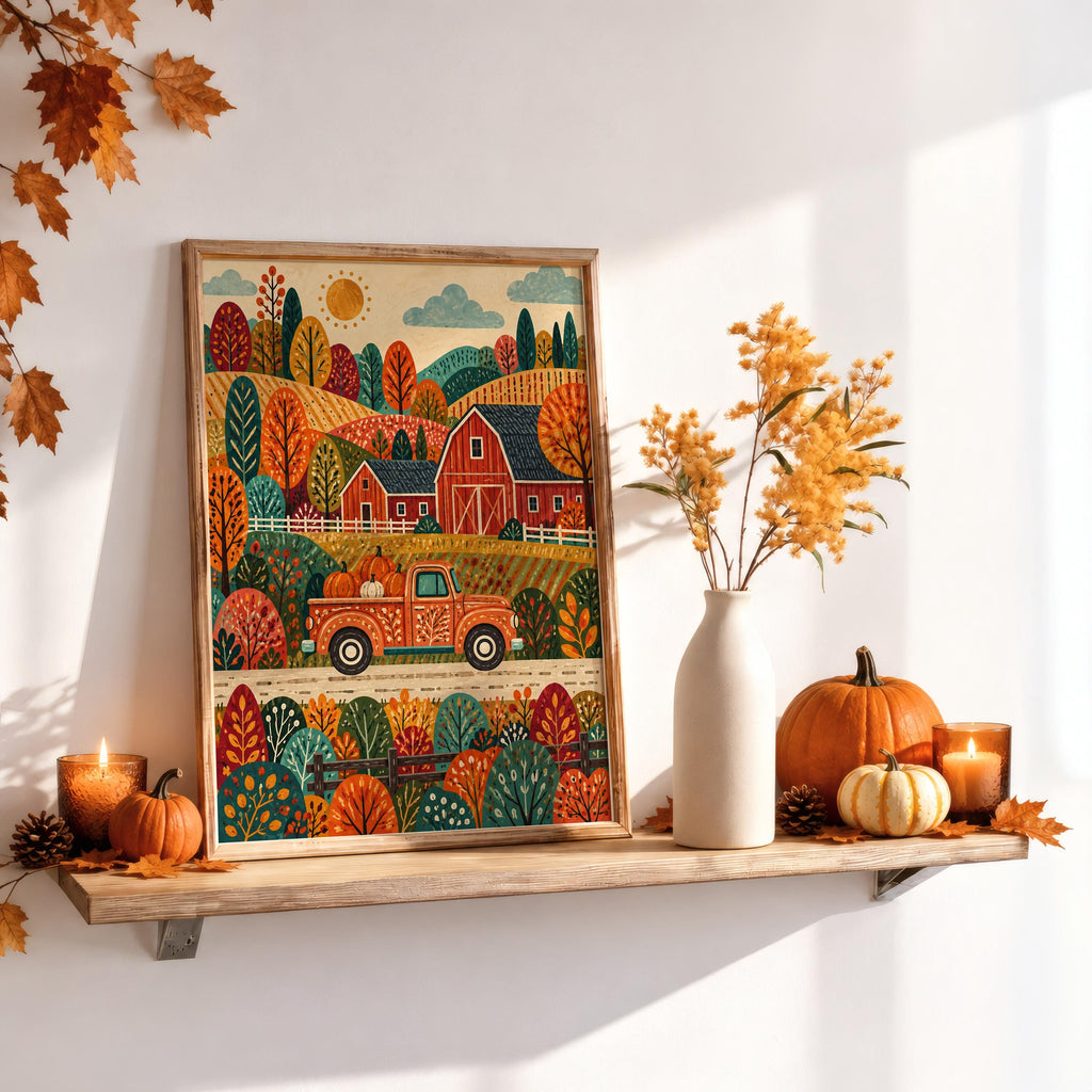 Autumn Barn Pickup Truck Print, Fall Farmhouse Wall Decor, Red Truck Poster, Rustic Countryside Landscape, Harvest Home Accent