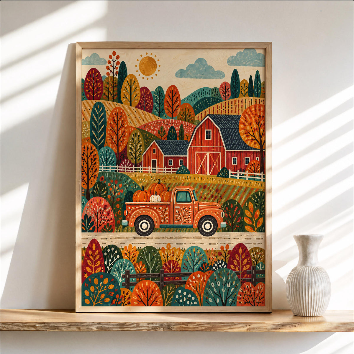 Autumn Barn Pickup Truck Print, Fall Farmhouse Wall Decor, Red Truck Poster, Rustic Countryside Landscape, Harvest Home Accent