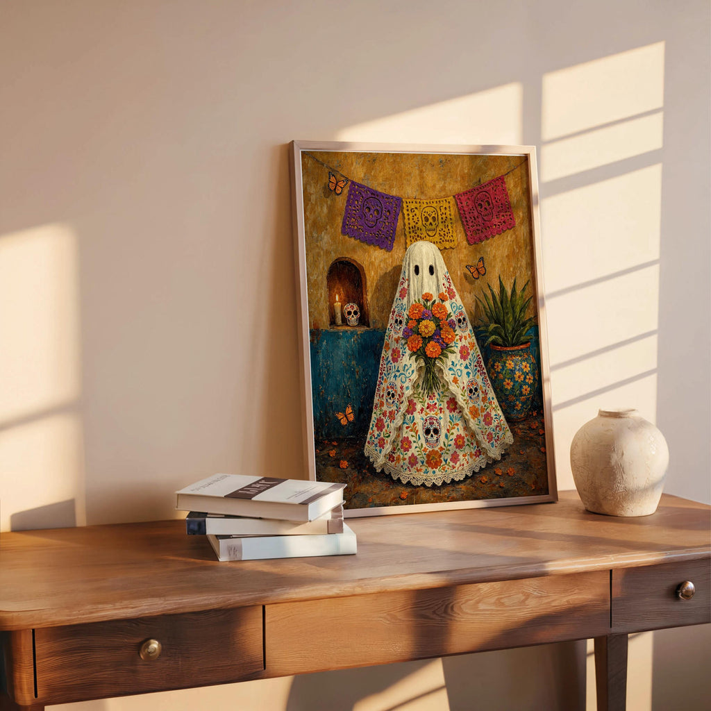 Mexican Folk Art Ghost Print, Halloween Sugar Skull Dia de los Muertos Painting, Papel Picado Mexico Wall Art