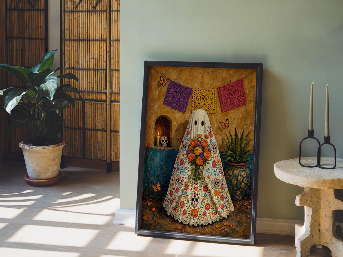 Mexican Folk Art Ghost Print, Halloween Sugar Skull Dia de los Muertos Painting, Papel Picado Mexico Wall Art