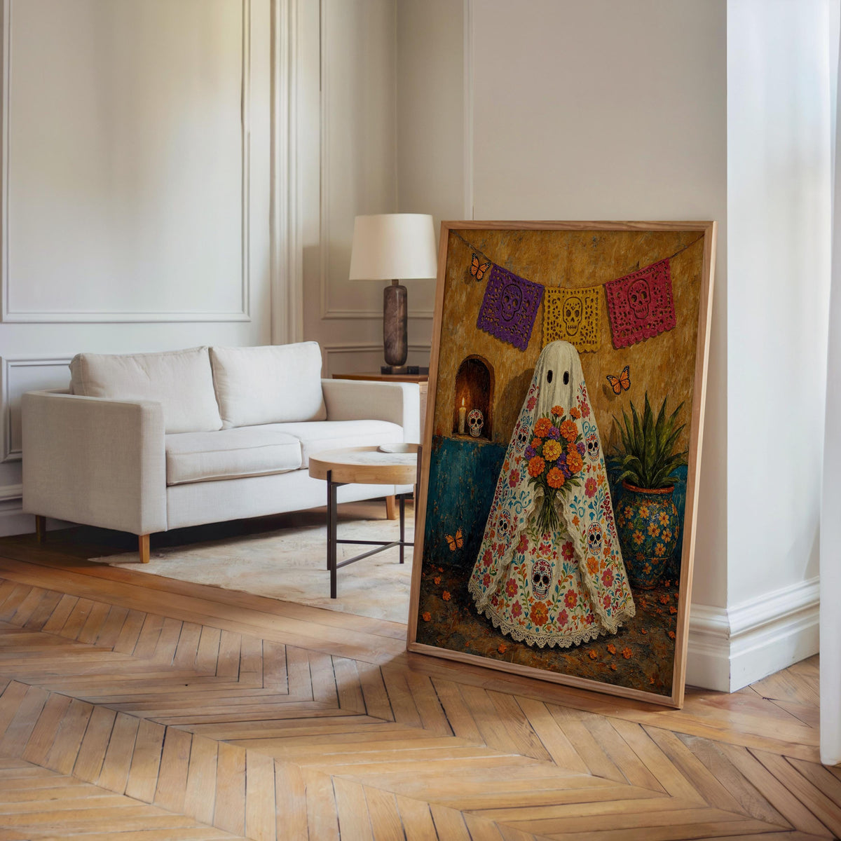 Mexican Folk Art Ghost Print, Halloween Sugar Skull Dia de los Muertos Painting, Papel Picado Mexico Wall Art