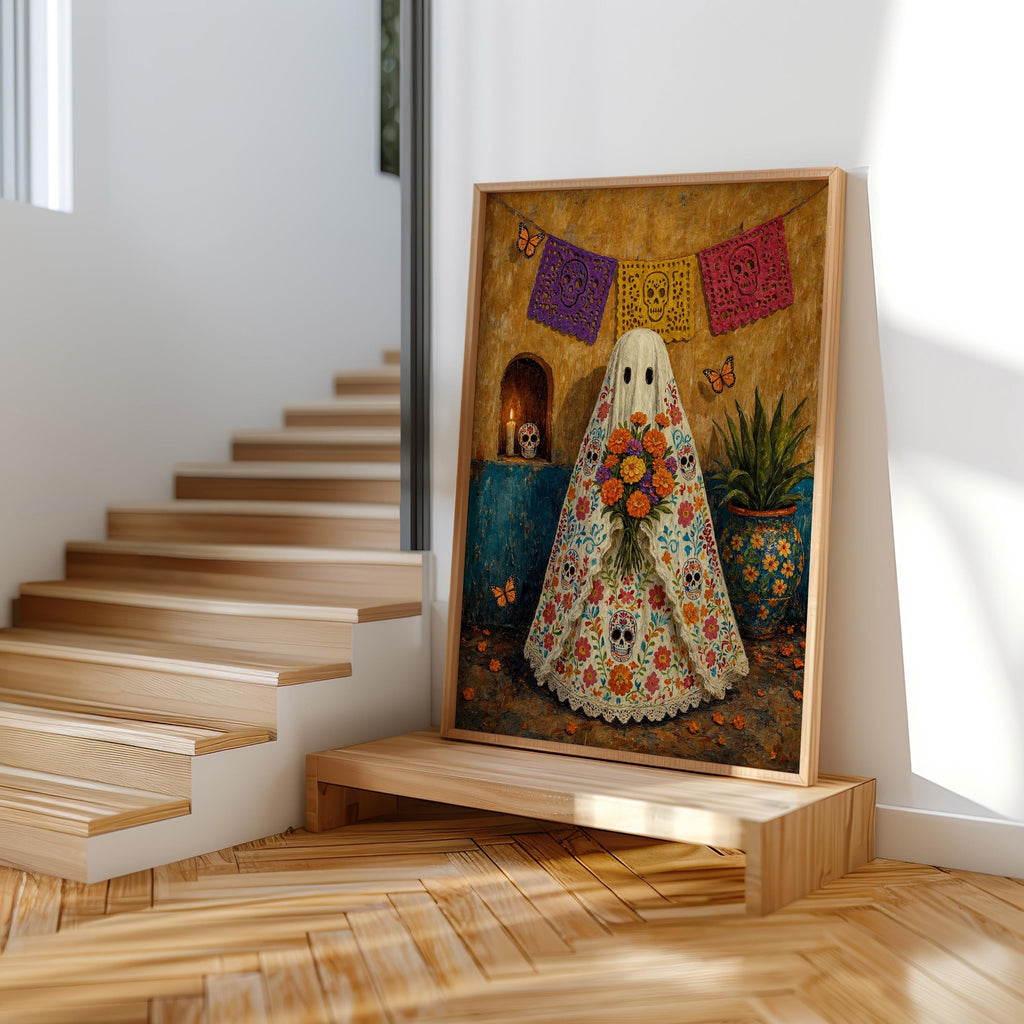Mexican Folk Art Ghost Print, Halloween Sugar Skull Dia de los Muertos Painting, Papel Picado Mexico Wall Art