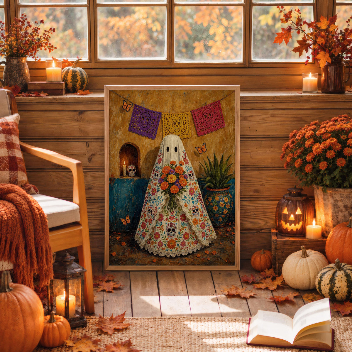 Mexican Folk Art Ghost Print, Halloween Sugar Skull Dia de los Muertos Painting, Papel Picado Mexico Wall Art