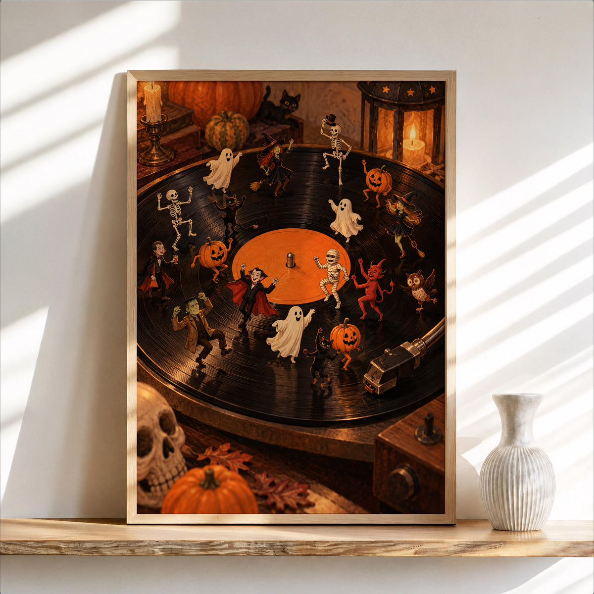 Halloween Monsters Dancing on Vinyl Wall Art, DJ Record Print, Dracula Frankenstein Witch Spooky SeasonPoster, Dark Academia Funny Kid Decor