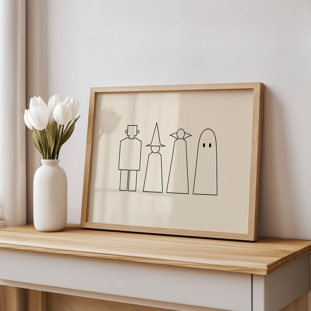 Halloween Monster Line Art, Frankenstein Witch Vampire Ghost Silhouette Print, Minimalist Spooky Season Decor, Witchy Minimalist Poster