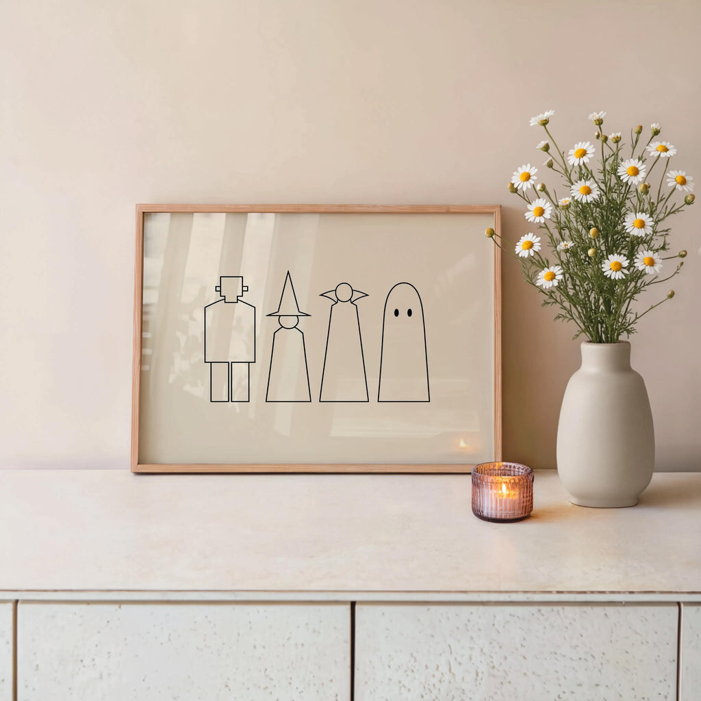 Halloween Monster Line Art, Frankenstein Witch Vampire Ghost Silhouette Print, Minimalist Spooky Season Decor, Witchy Minimalist Poster