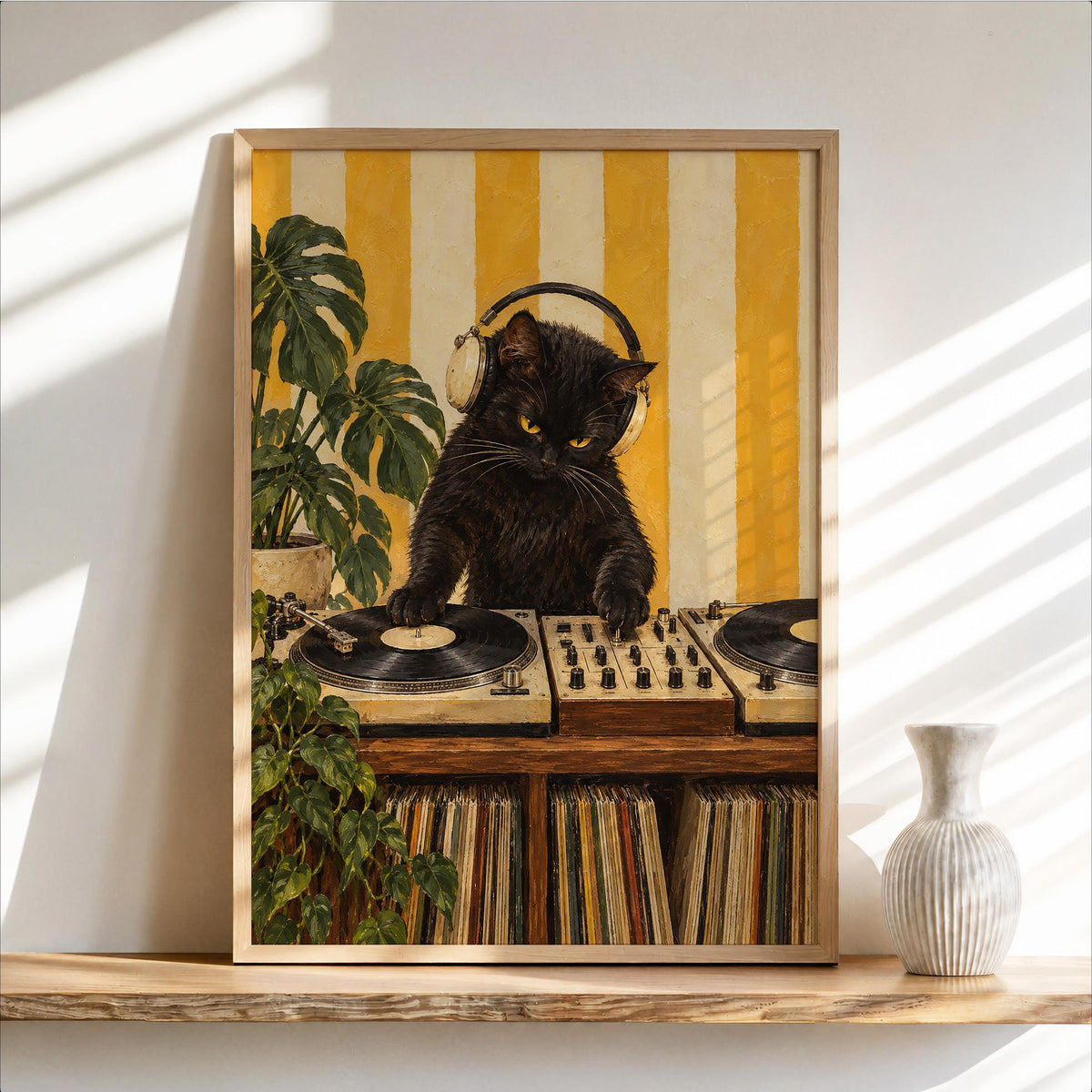 DJ Cat Print, Record Player Turntable Wall Art, Funny Music Room Black Cat Poster, Vinyl Lover Gift, Striped Decor