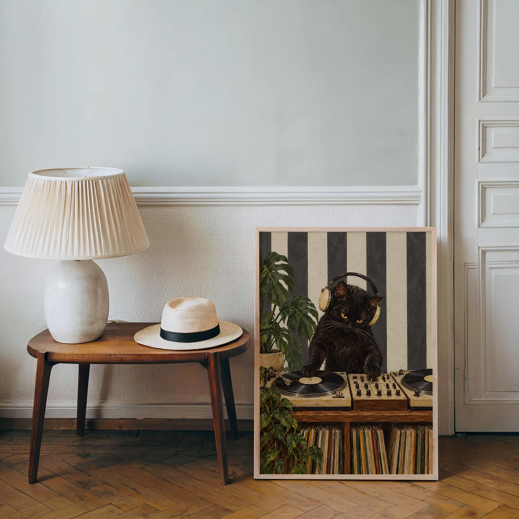 DJ Cat Print, Record Player Turntable Wall Art, Funny Music Room Black Cat Poster, Vinyl Lover Gift, Striped Decor