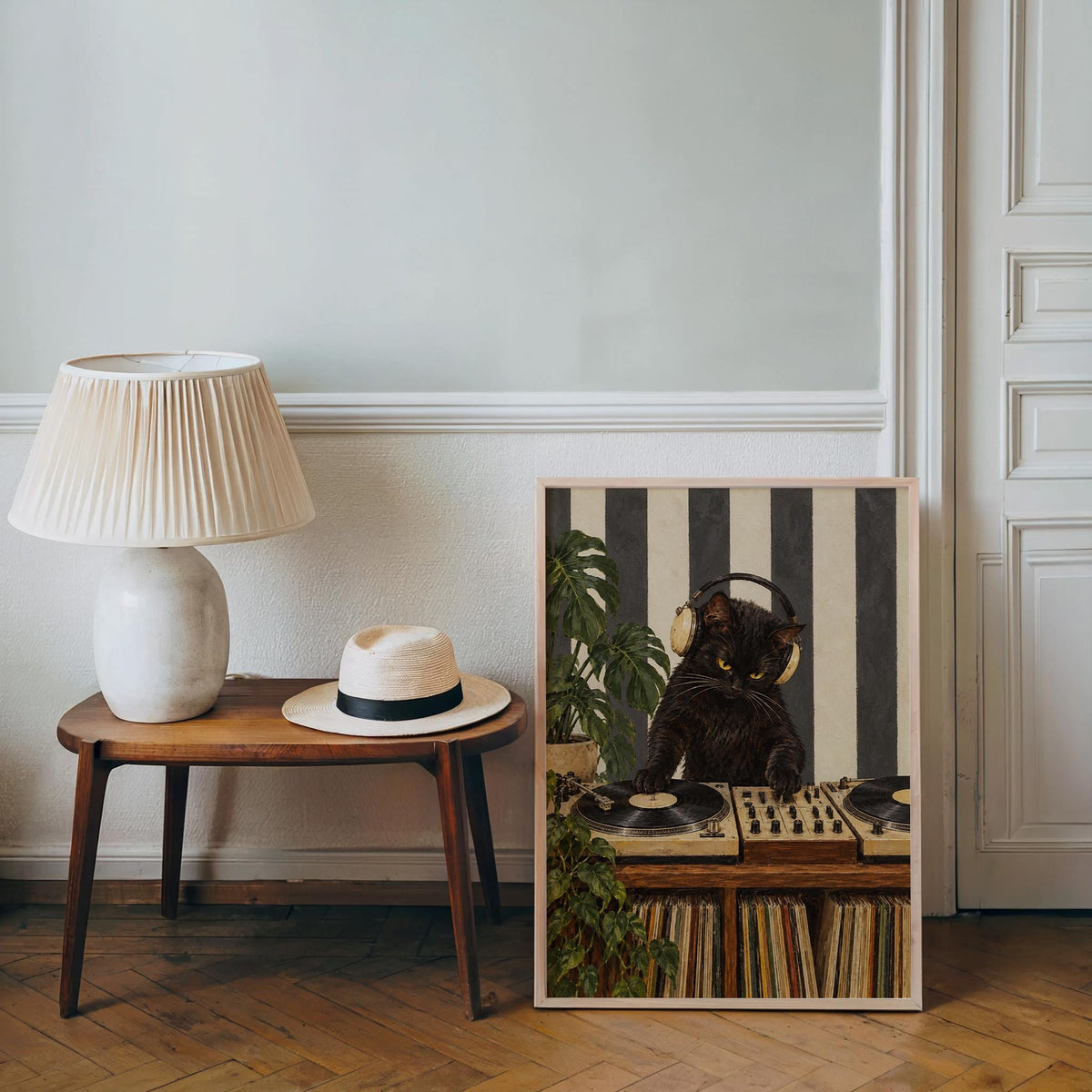 DJ Cat Print, Record Player Turntable Wall Art, Funny Music Room Black Cat Poster, Vinyl Lover Gift, Striped Decor
