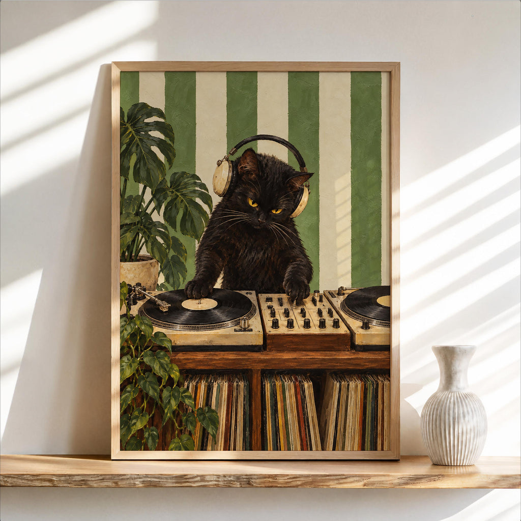 DJ Cat Print, Record Player Turntable Wall Art, Funny Music Room Black Cat Poster, Vinyl Lover Gift, Striped Decor
