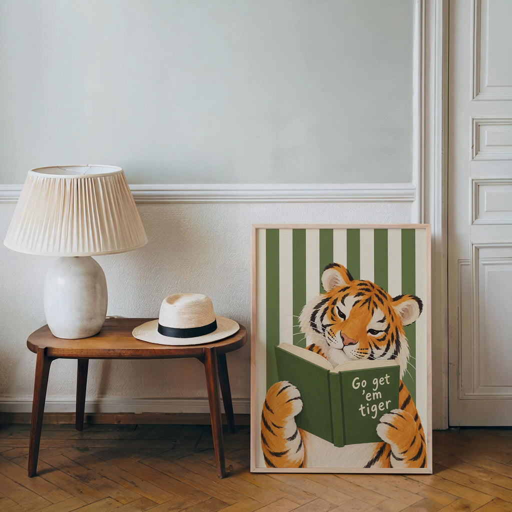 Go Get Em Tiger Reading Book Print, Funny Bookish Literary Wall Art, Bibliophile Poster, Funny Cat Stripes Decor