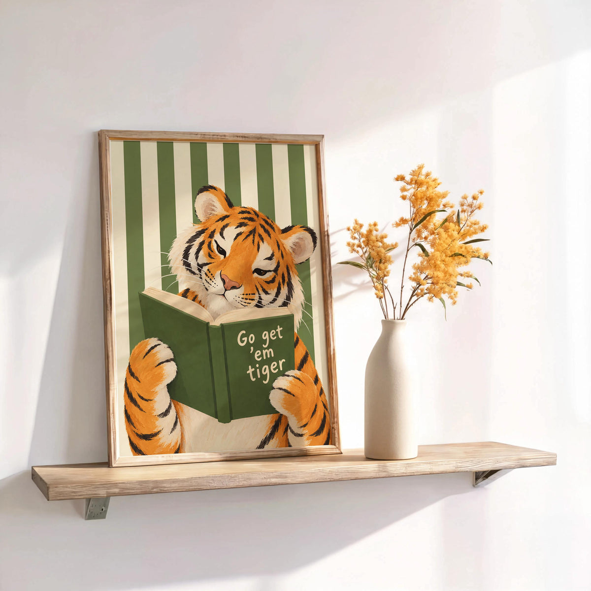 Go Get Em Tiger Reading Book Print, Funny Bookish Literary Wall Art, Bibliophile Poster, Funny Cat Stripes Decor