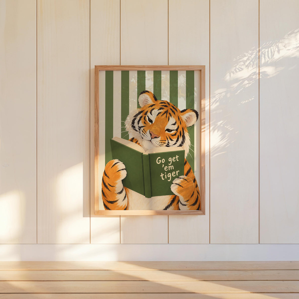 Go Get Em Tiger Reading Book Print, Funny Bookish Literary Wall Art, Bibliophile Poster, Funny Cat Stripes Decor