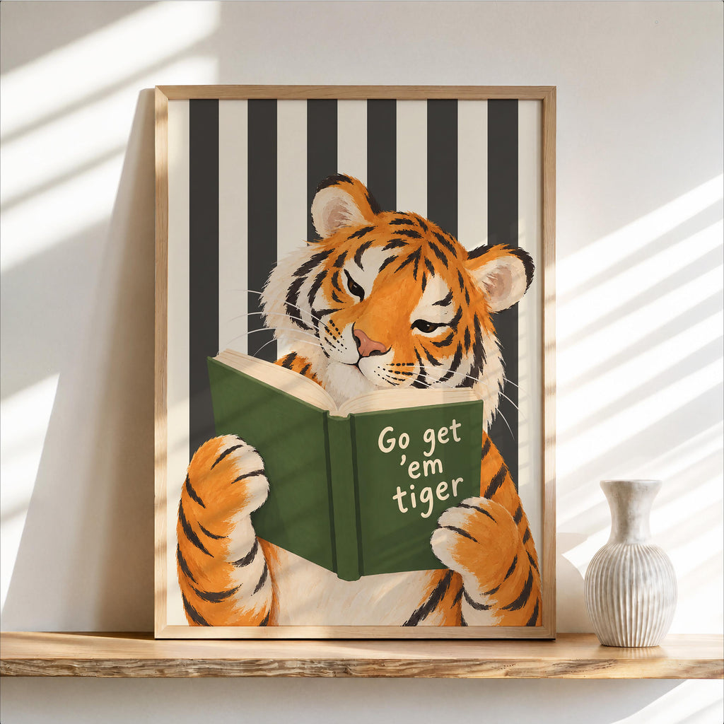 Go Get Em Tiger Reading Book Print, Funny Bookish Literary Wall Art, Bibliophile Poster, Funny Cat Stripes Decor