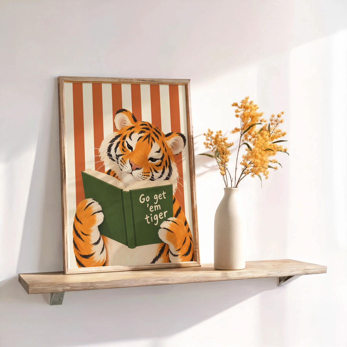 Go Get Em Tiger Reading Book Print, Funny Bookish Literary Wall Art, Bibliophile Poster, Funny Cat Stripes Decor