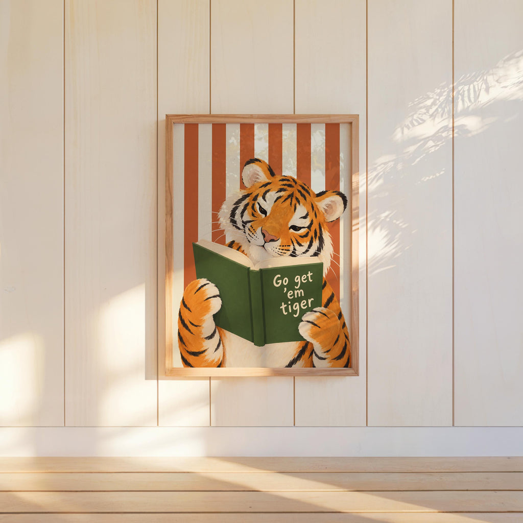 Go Get Em Tiger Reading Book Print, Funny Bookish Literary Wall Art, Bibliophile Poster, Funny Cat Stripes Decor