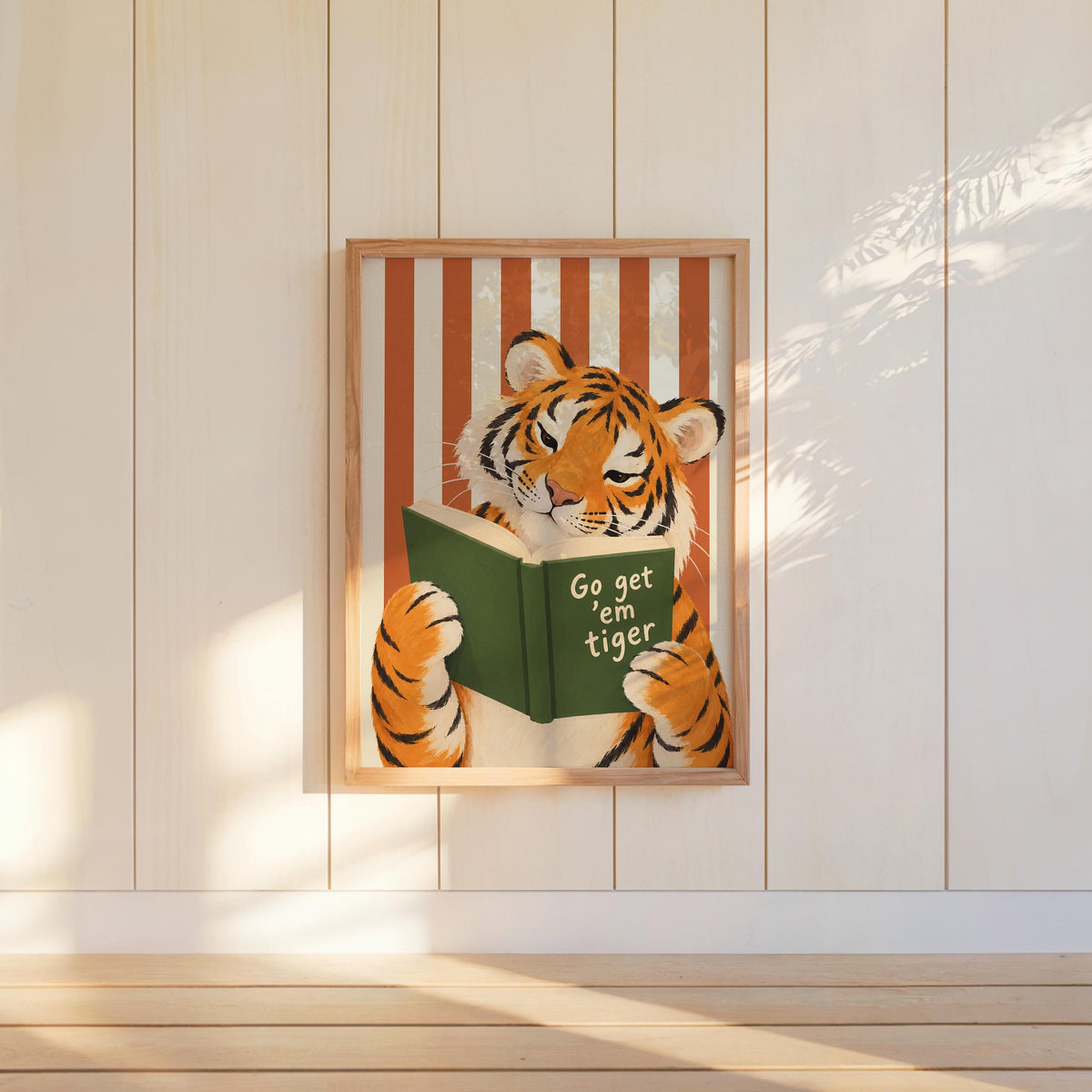 Go Get Em Tiger Reading Book Print, Funny Bookish Literary Wall Art, Bibliophile Poster, Funny Cat Stripes Decor