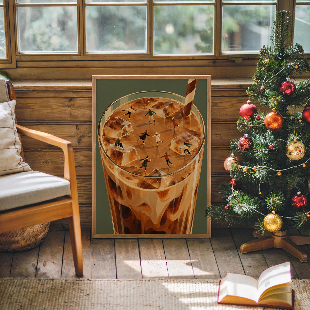 Ice Skaters Iced Coffee Print, Tiny People Miniature Wall Art, Winter Skating Poster, Surreal Coffee Nook Decor, Whimsical Kitchen Christmas