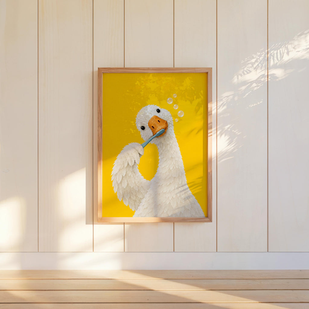 Silly Goose Brushing Teeth Print, Toothbrush Duck Wall Art, Funny Bathroom Poster, Animal Bath Decor, Fun Kids Decor, Nursery Illustration