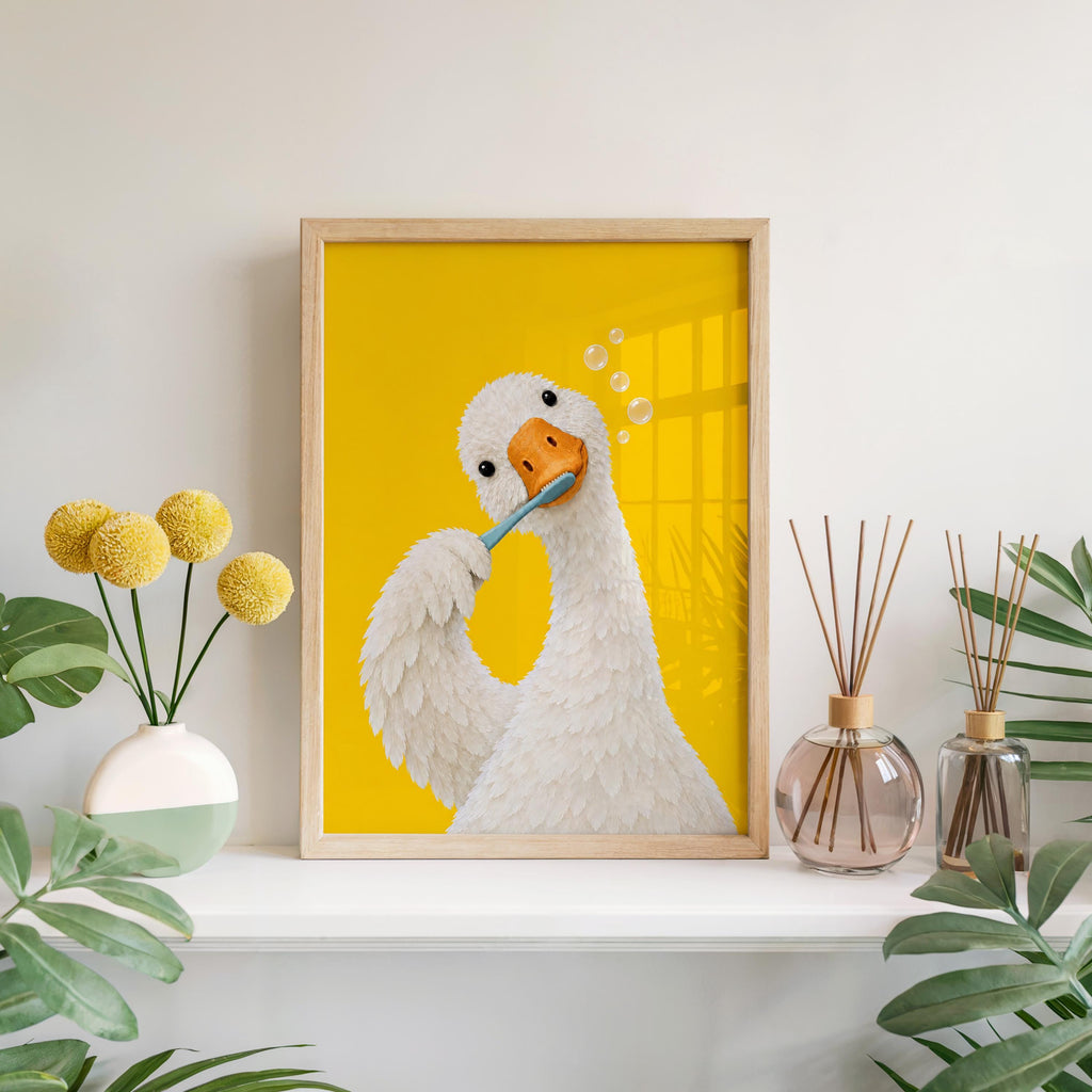 Silly Goose Brushing Teeth Print, Toothbrush Duck Wall Art, Funny Bathroom Poster, Animal Bath Decor, Fun Kids Decor, Nursery Illustration
