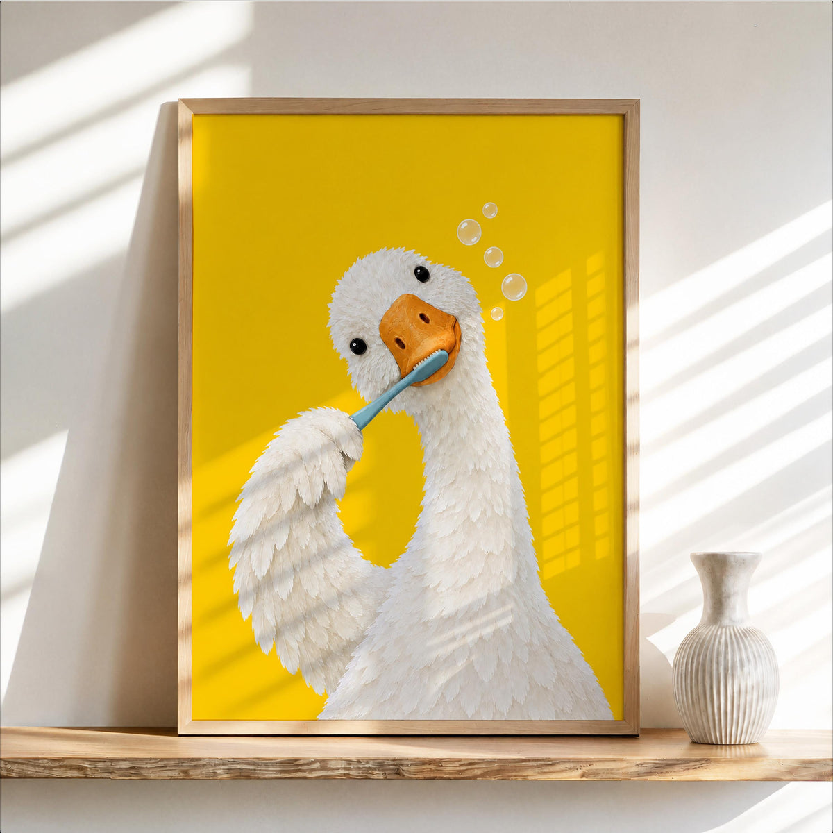 Silly Goose Brushing Teeth Print, Toothbrush Duck Wall Art, Funny Bathroom Poster, Animal Bath Decor, Fun Kids Decor, Nursery Illustration